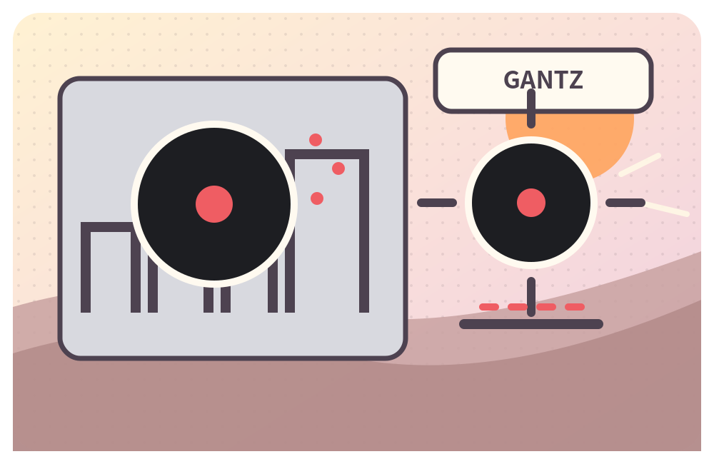 黒い球体、都市の夜、赤いポイント、謎のスーツでSFサバイバルを抽象的に表現したGANTZ作品ガイドのイラスト