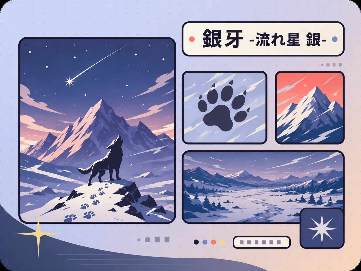雪山、流れ星、犬の足跡、遠吠えする犬のシルエットで過酷な冒険を抽象的に表現した銀牙 -流れ星 銀-作品ガイドのイラスト