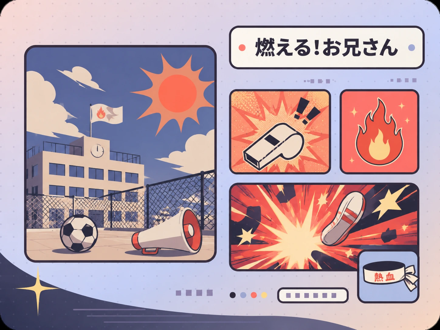 学校の屋上、サッカーボール、拡声器、ホイッスル、炎と爆発のモチーフで熱血ギャグを抽象的に表現した燃える!お兄さん作品ガイドのイラスト