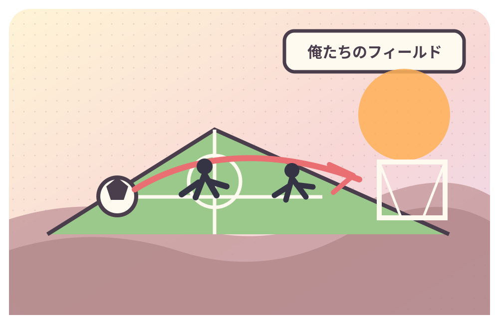 サッカーコート、ボール、ゴール、風を切る軌道で熱い試合展開を抽象的に表現した俺たちのフィールド作品ガイドのイラスト
