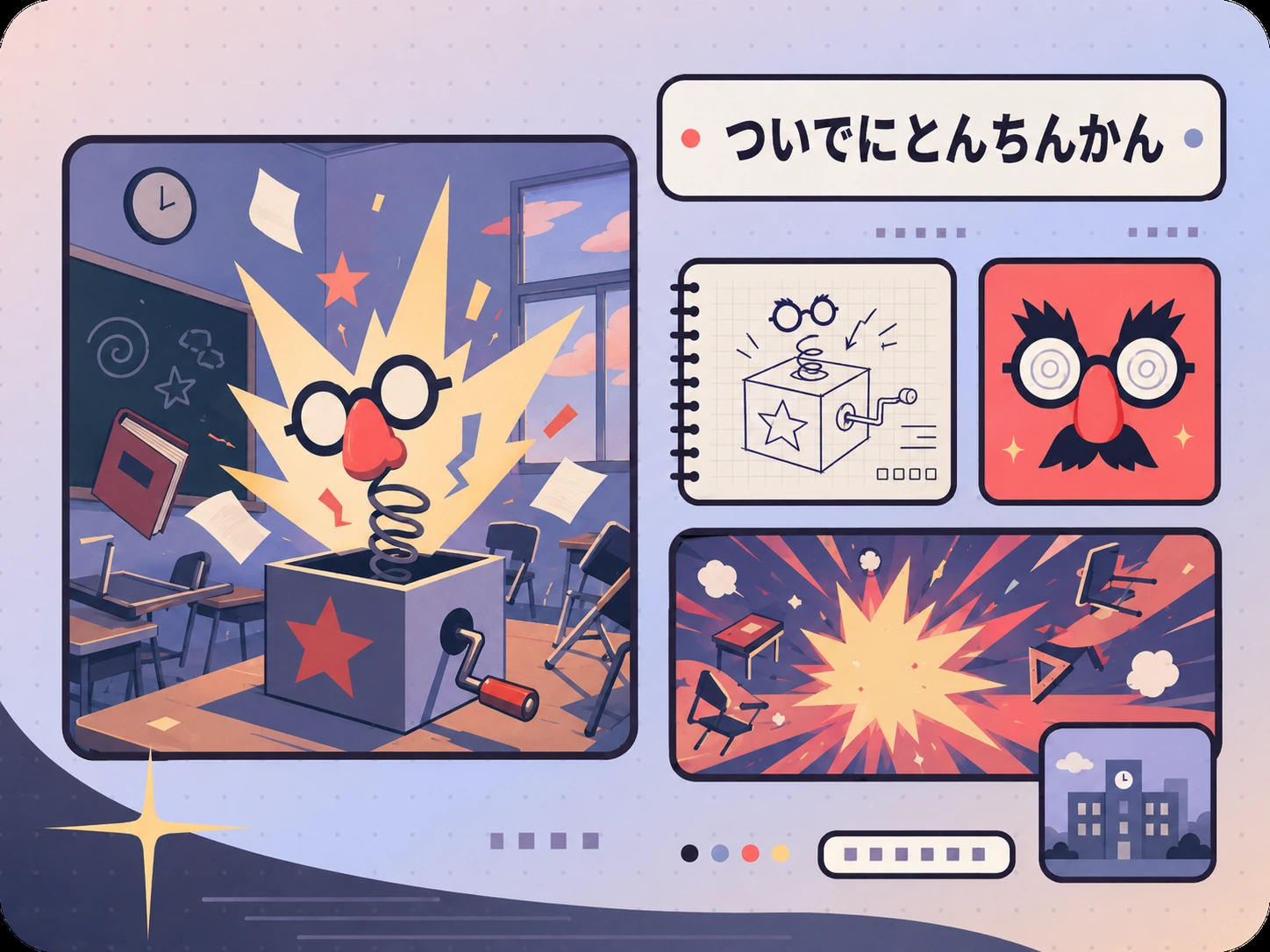 放課後の教室、びっくり箱、変装眼鏡、爆発する机のモチーフで学園ギャグを抽象的に表現したついでにとんちんかん作品ガイドのイラスト